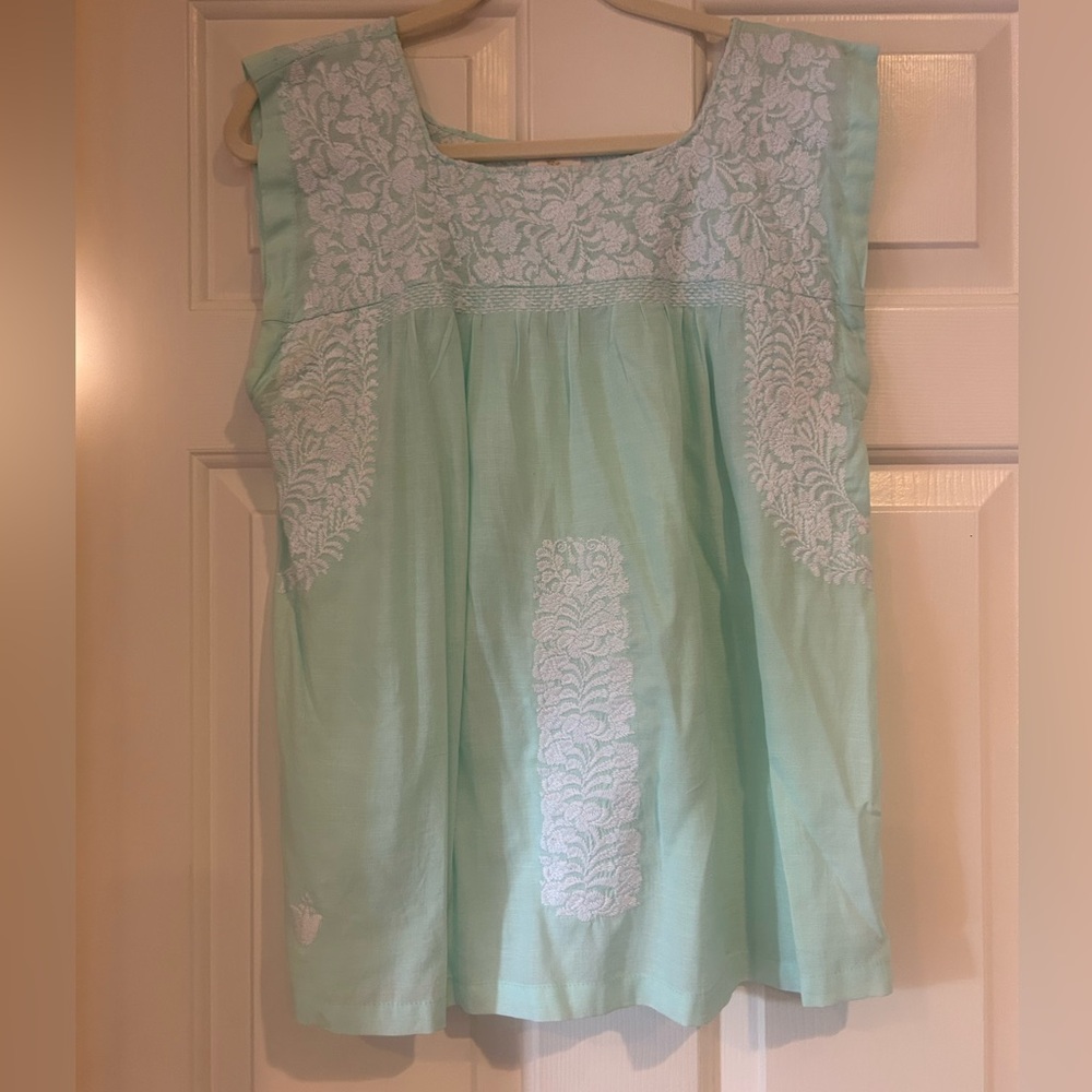 Mint Green Sleeveless J Marie Top with White Embroidery